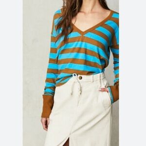 We The Free Sail Away Blue and Brown Striped Long Sleeve Tee Women's Size Small